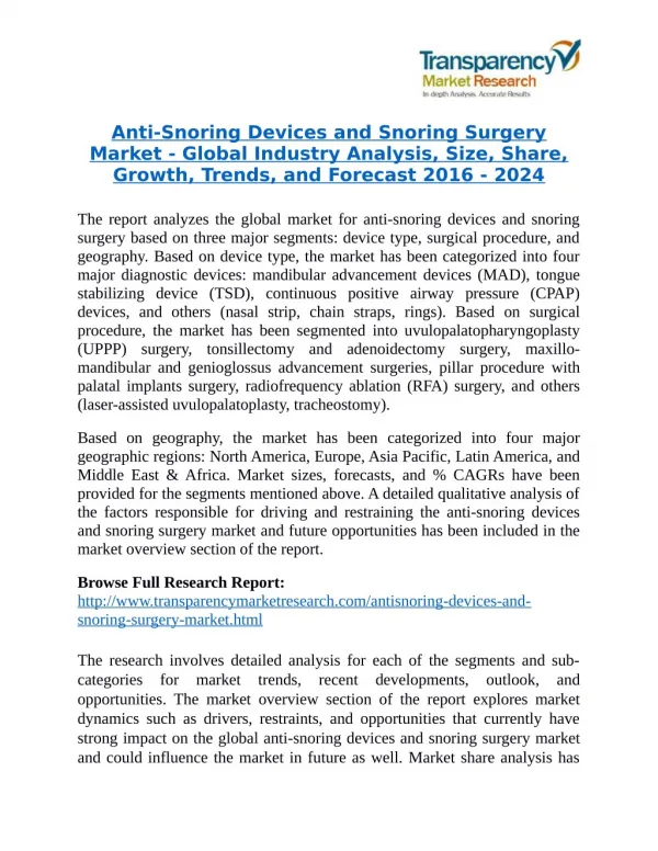 Anti-Snoring Devices and Snoring Surgery Market - Positive long-term growth outlook 2024