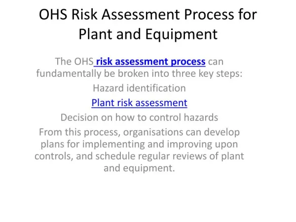 Risk Assessment Process for Plant and Equipment