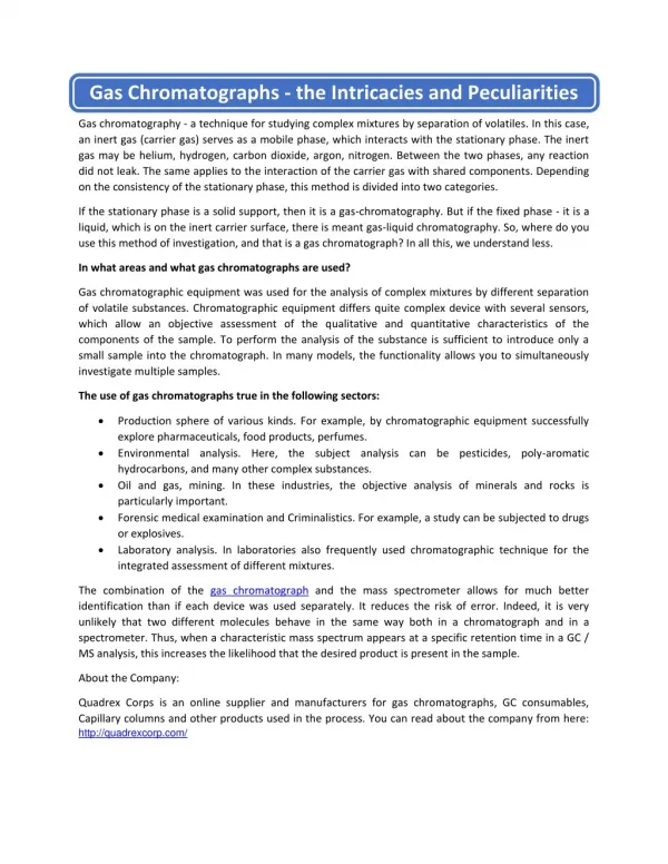 Gas Chromatographs - the Intricacies and Peculiarities