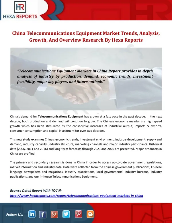 China Telecommunications EquipmentMarket Trends, Analysis,Growth, Segmented Outlook And Overview Research By Hexa Report