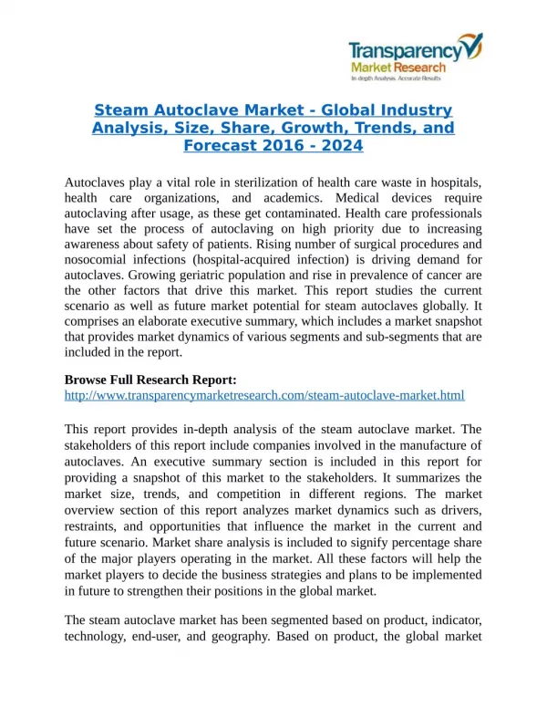 Steam Autoclave Market will rise to US$ 2.57 Billion by 2024