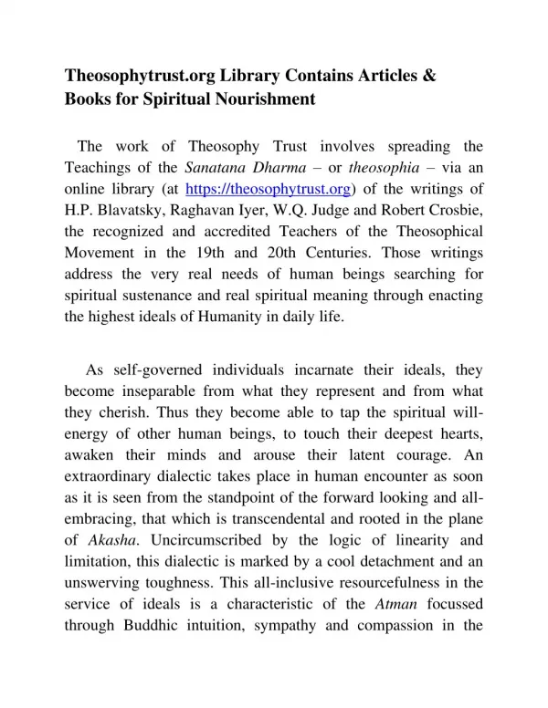 Theosophytrust.org Library Contains Articles & Books for Spiritual Nourishment