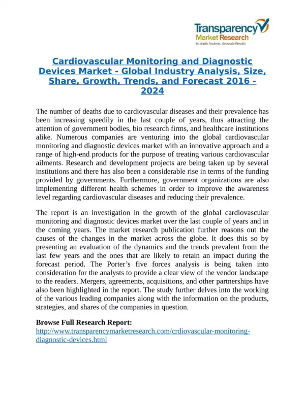 Cardiovascular Monitoring and Diagnostic Devices Market will rise to US$ 3.1 Billion by 2024
