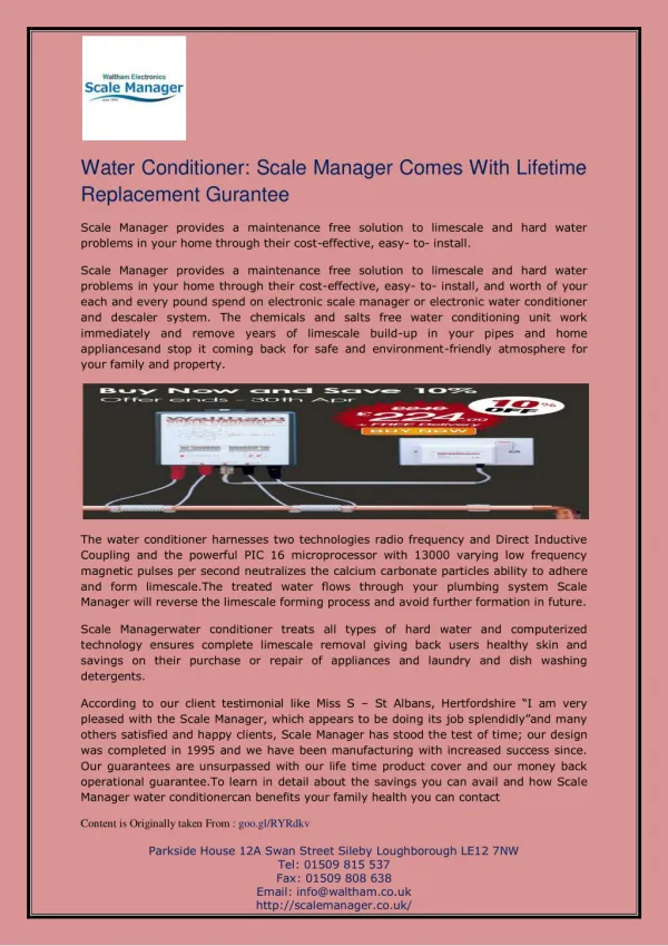 Water Conditioner: Scale Manager Comes With Lifetime Replacement Gurantee