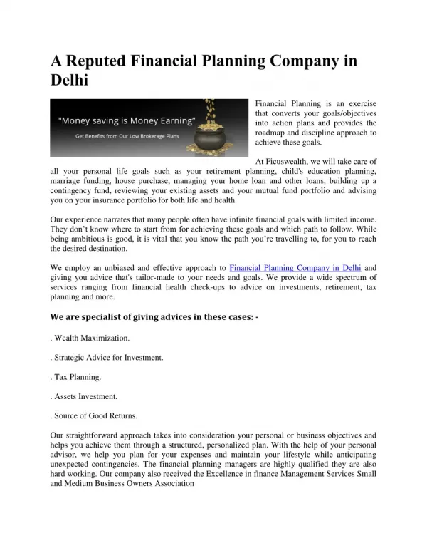 A Reputed Financial Planning Company in Delhi