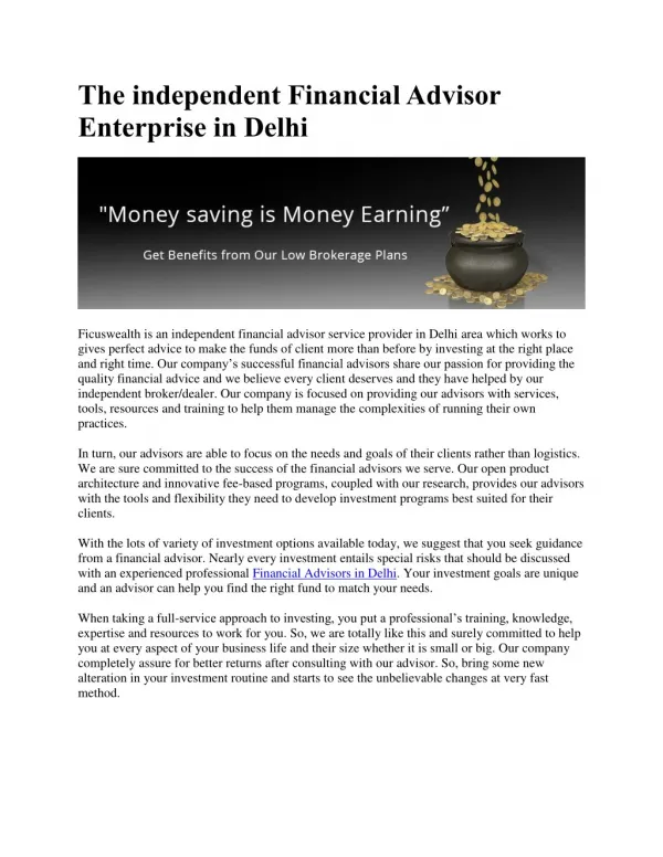 The independent Financial Advisor Enterprise in Delhi