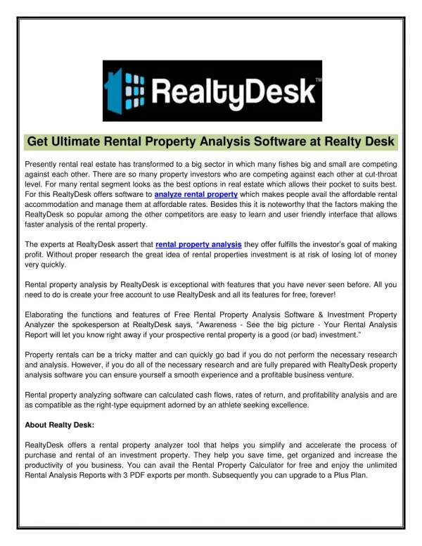 Get Ultimate Rental Property Analysis Software at Realty Desk