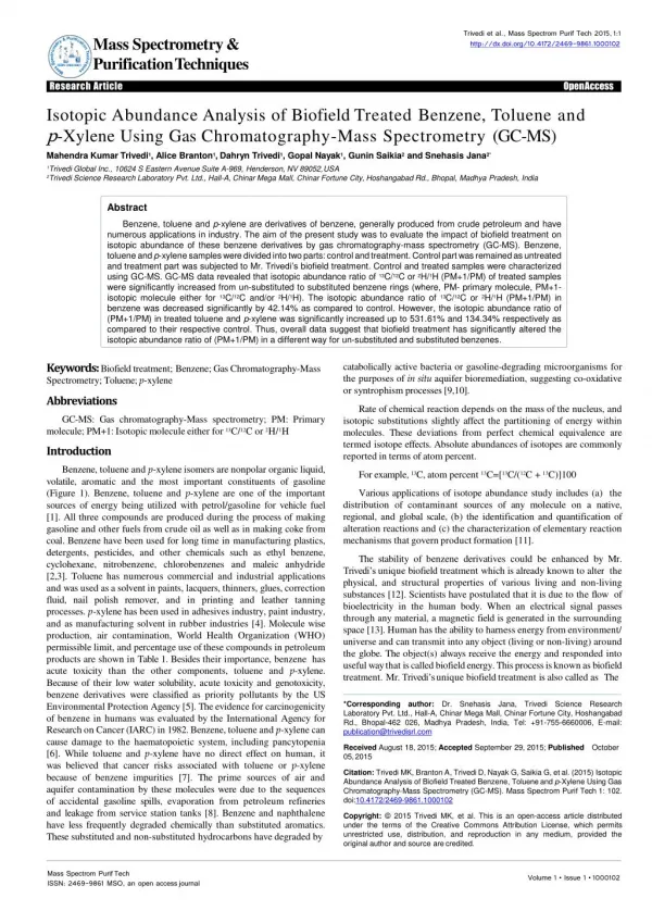 Isotopic Abundance Analysis of Biofield Treated Benzene, Toluene and p-Xylene Using Gas Chromatography-Mass Spectrometry