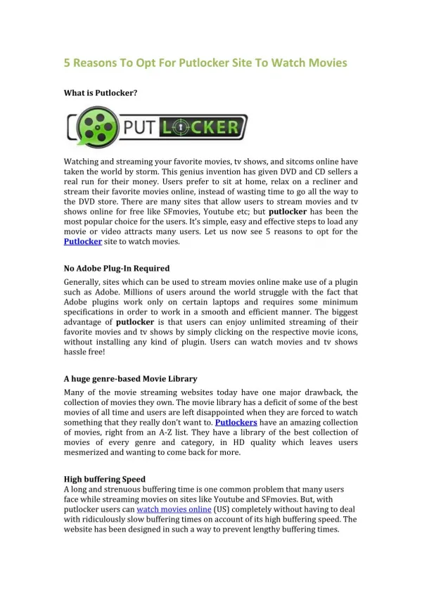5 Reasons To Opt For Putlocker Site To Watch Movies