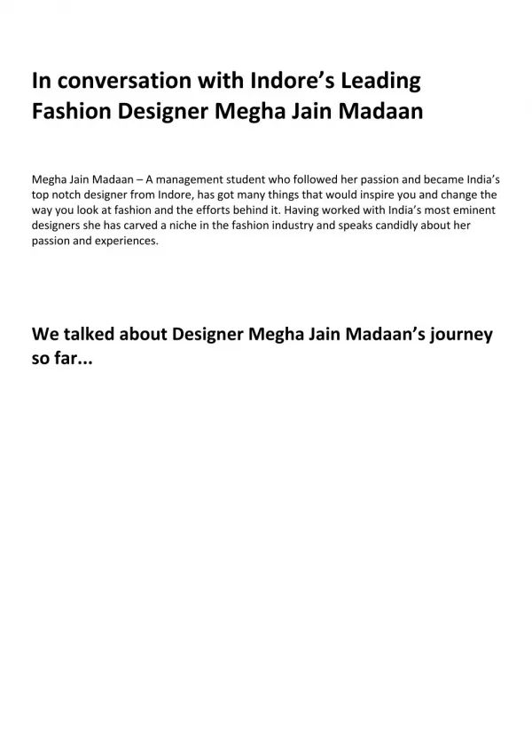 In conversation with Indore’s Leading Fashion Designer Megha Jain Madaan