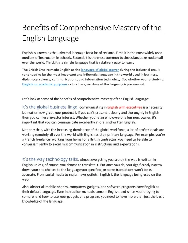 Benefits of Comprehensive Mastery of the English Language