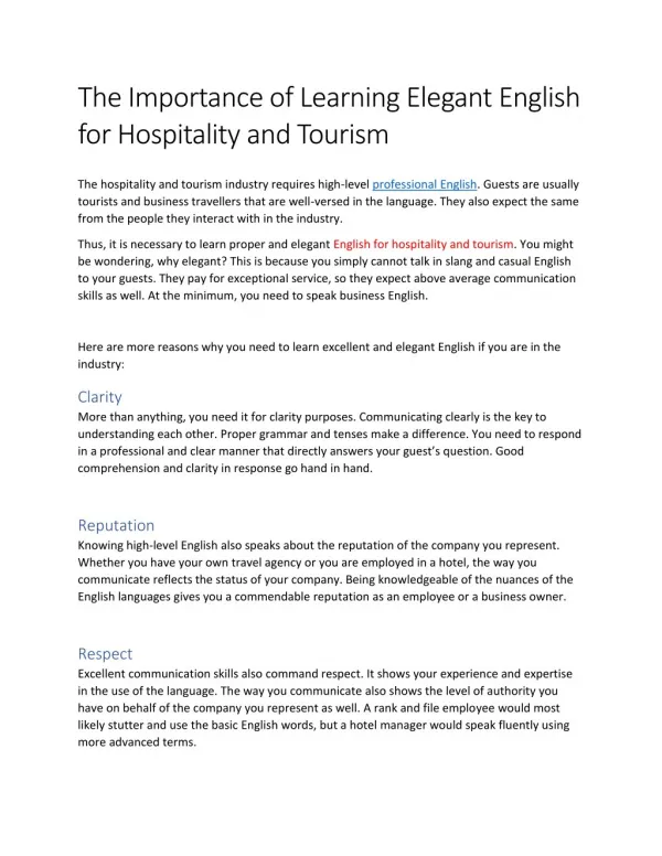 The Importance of Learning Elegant English for Hospitality and Tourism