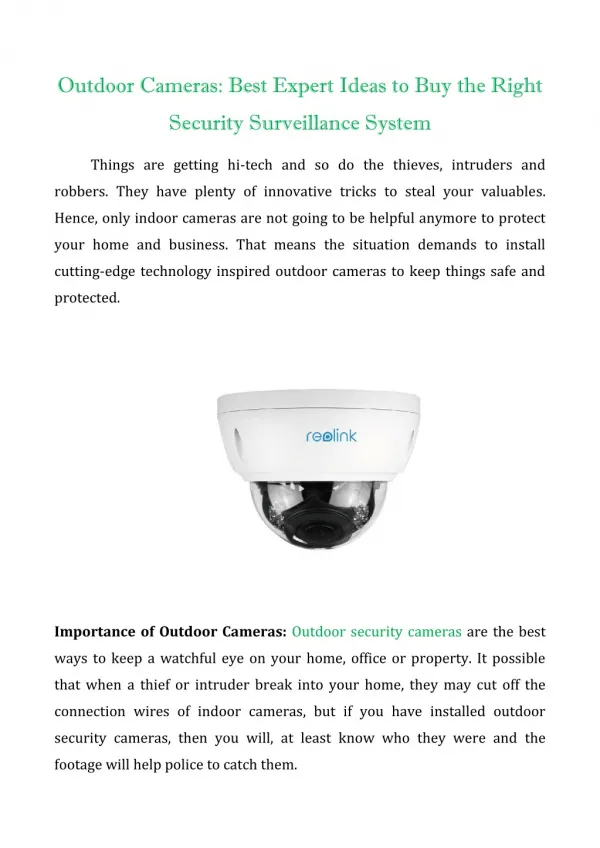 Outdoor Cameras : Best Expert Ideas to Buy the Right Security Surveillance System