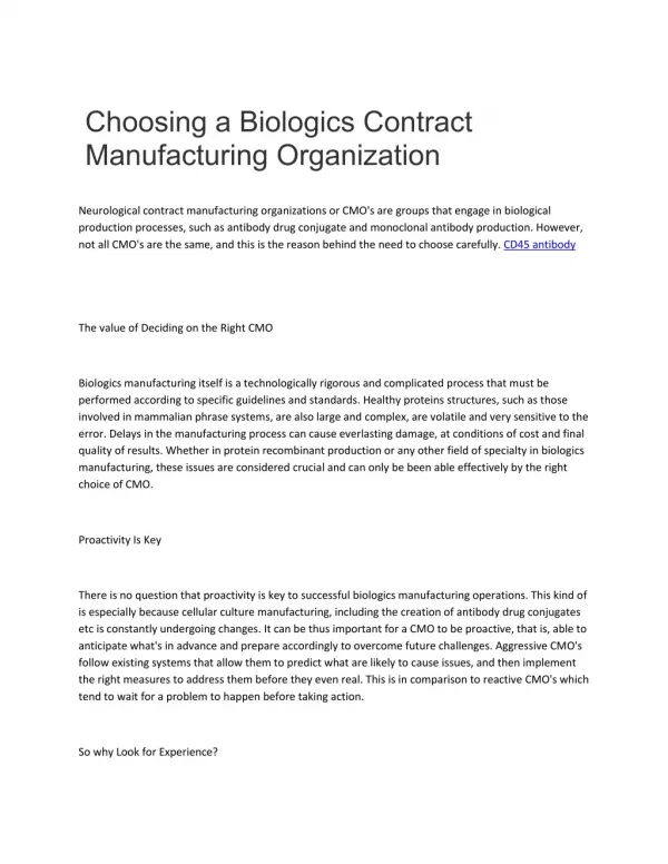 Choosing a Biologics Contract Manufacturing Organization