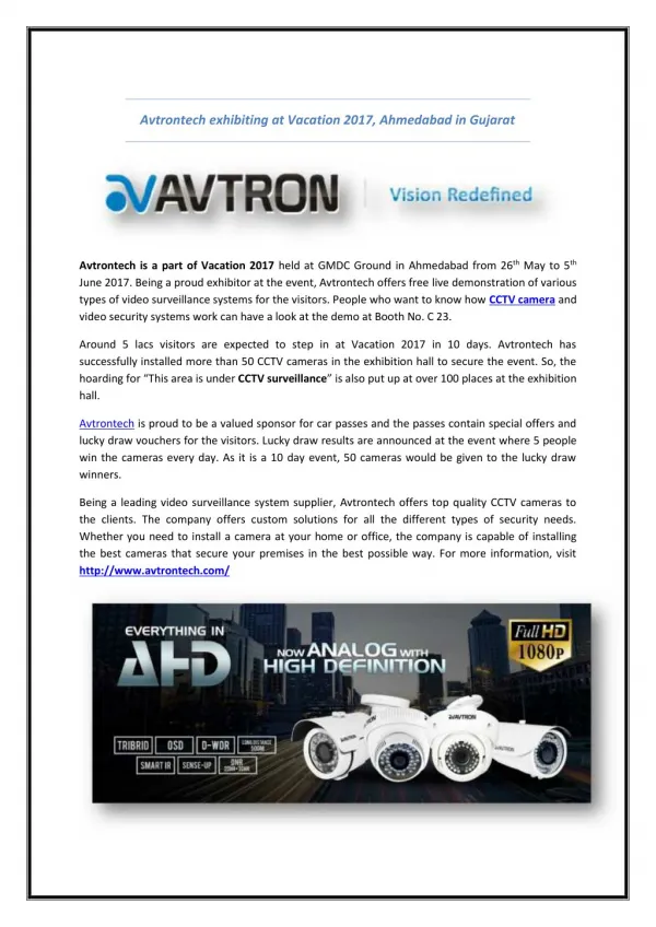 Avtrontech exhibiting at Vacation 2017, Ahmedabad in Gujarat