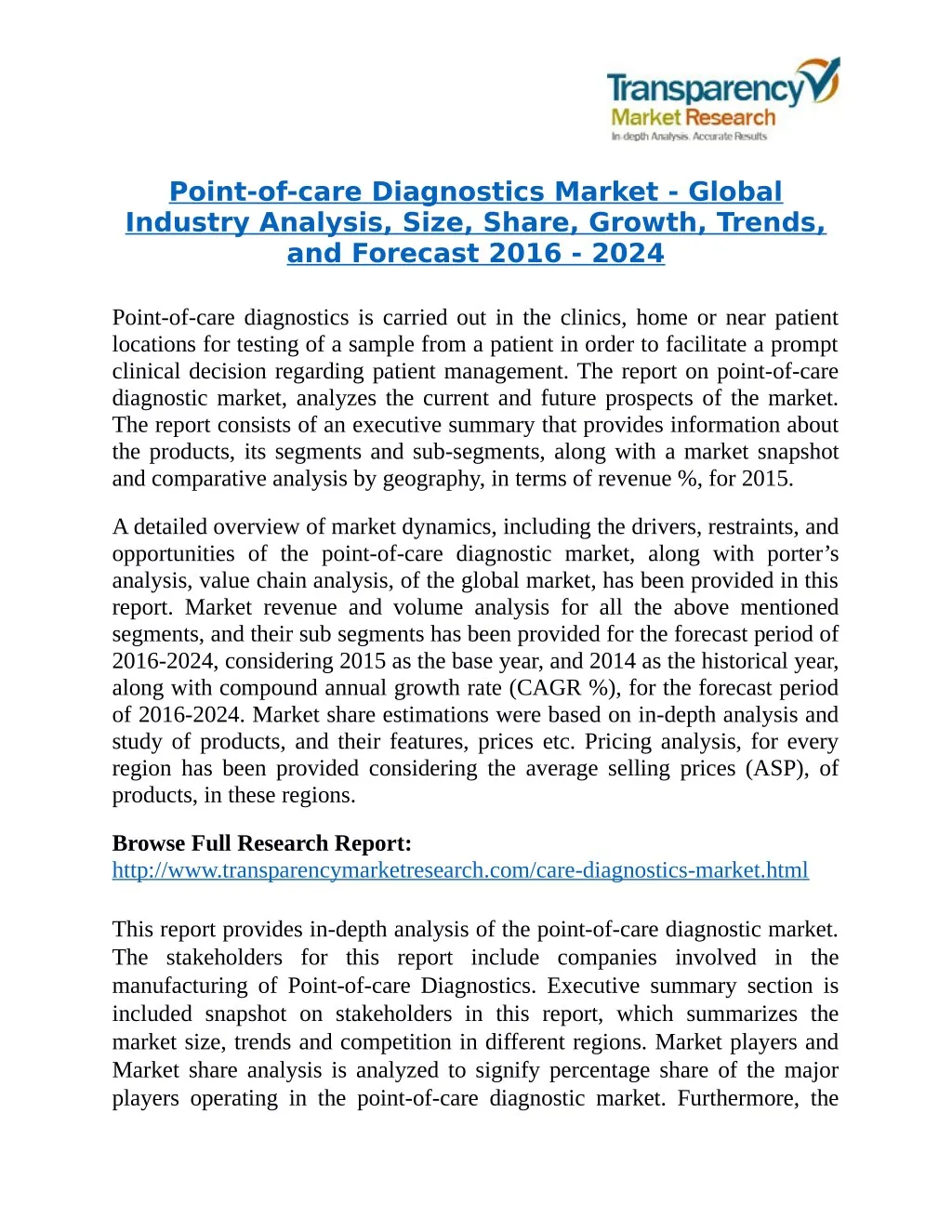point of care diagnostics market global industry