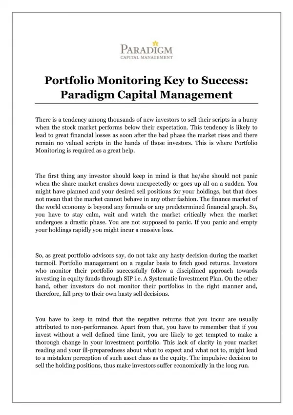 Portfolio Monitoring Key to Success: Paradigm Capital Management