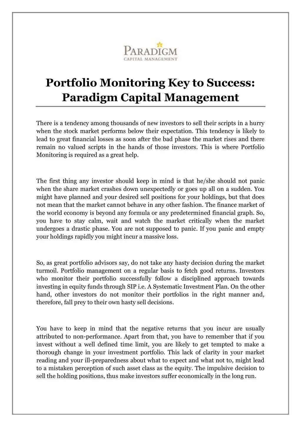 portfolio monitoring key to success paradigm