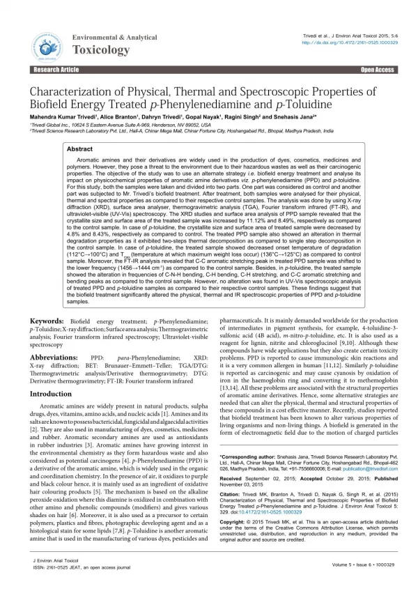 Characterization of Physical, Thermal and Spectroscopic Properties of Biofield Energy Treated p-Phenylenediamine and p-T