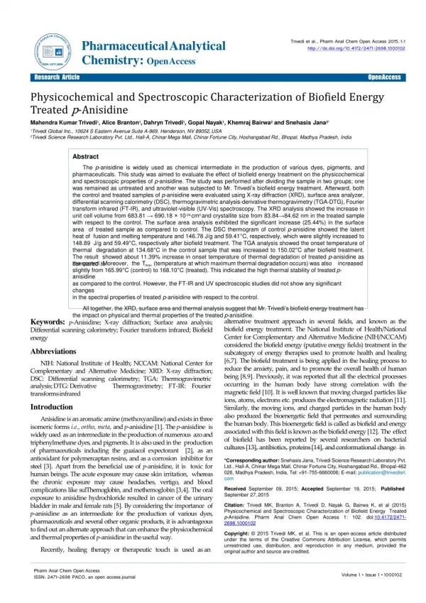 Physicochemical and Spectroscopic Characterization of Biofield Energy Treated p-Anisidine