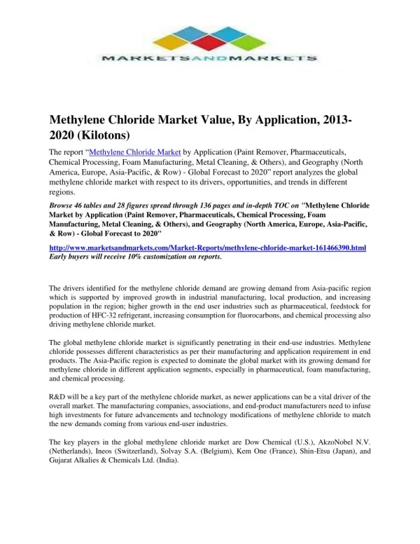 Methylene Chloride Market Value, By Application, 2013-2020 (Kilotons)