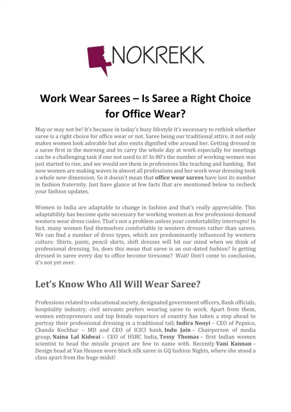 Work Wear Sarees Is Saree a Right Choice for Office Wear?