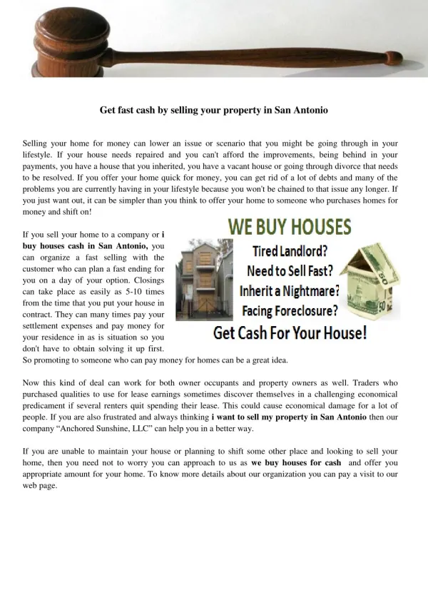 Get fast cash by selling your property in san antonio