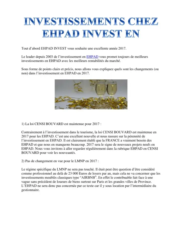 INVESTISSEMENTS CHEZ EHPAD INVEST EN