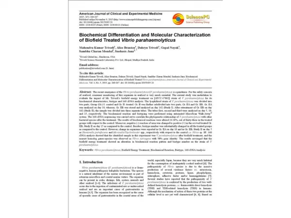 Biochemical Differentiation and Molecular Characterization of Biofield Treated Vibrio parahaemolyticus