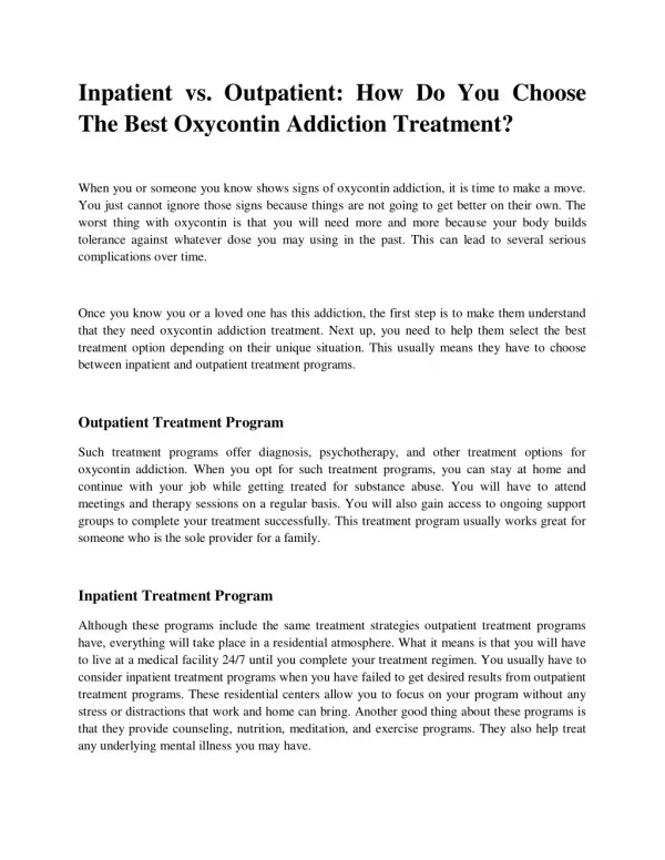 Inpatient vs. Outpatient How Do You Choose The Best Oxycontin Addiction Treatment