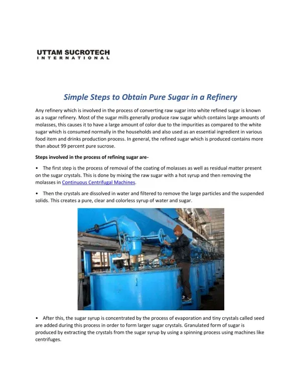 Simple Steps to Obtain Pure Sugar in a Refinery