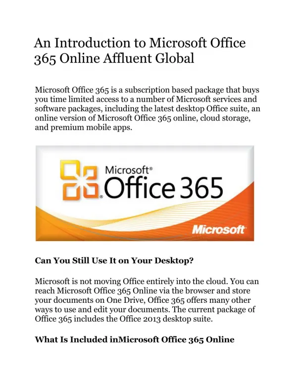 An Introduction to Microsoft Office 365 Online By Affluent Global