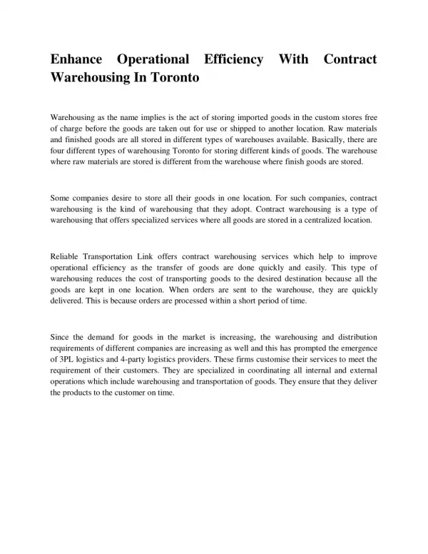 Enhance Operational Efficiency With Contract Warehousing In Toronto