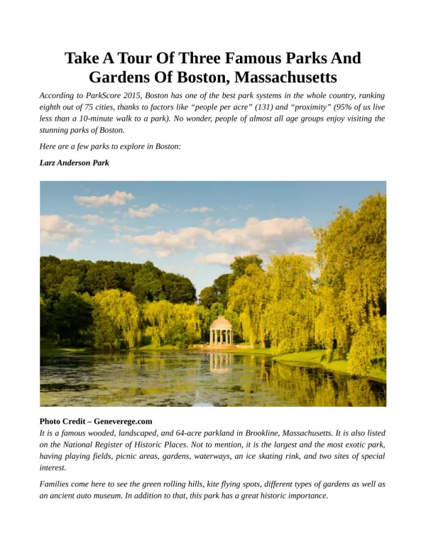 Take A Tour Of Three Famous Parks And Gardens Of Boston, Massachusetts