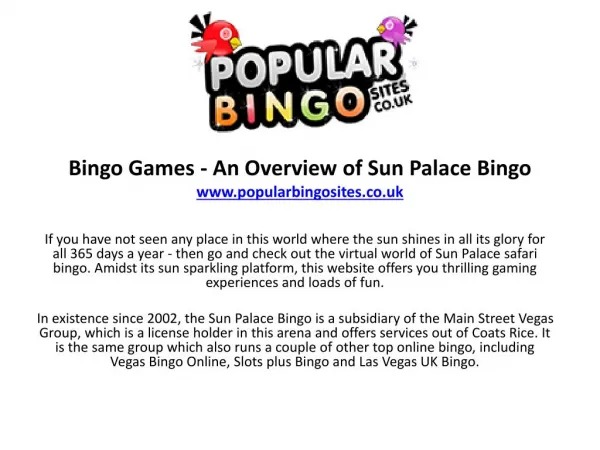 Bingo Games - An Overview of Sun Palace Bingo