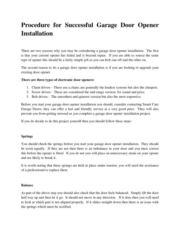 Procedure for Successful Garage Door Opener Installation