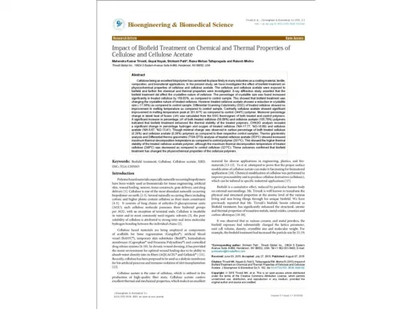 Impact of Biofield Treatment on Chemical and Thermal Properties of Cellulose and Cellulose Acetate