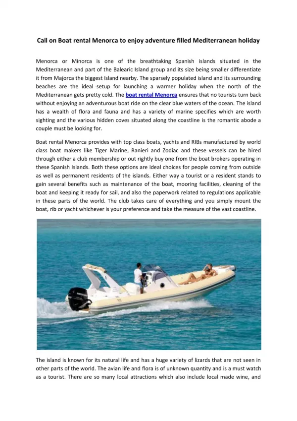 Call on Boat rental Menorca to enjoy adventure filled Mediterranean holiday