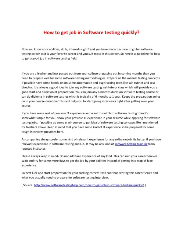 How to get job in Software testing quickly?