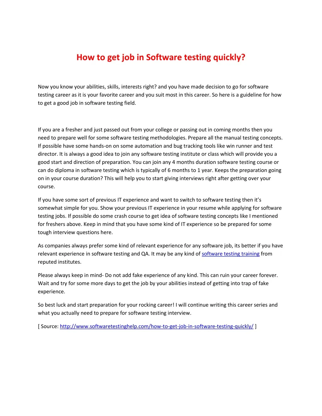 how to get job in software testing quickly