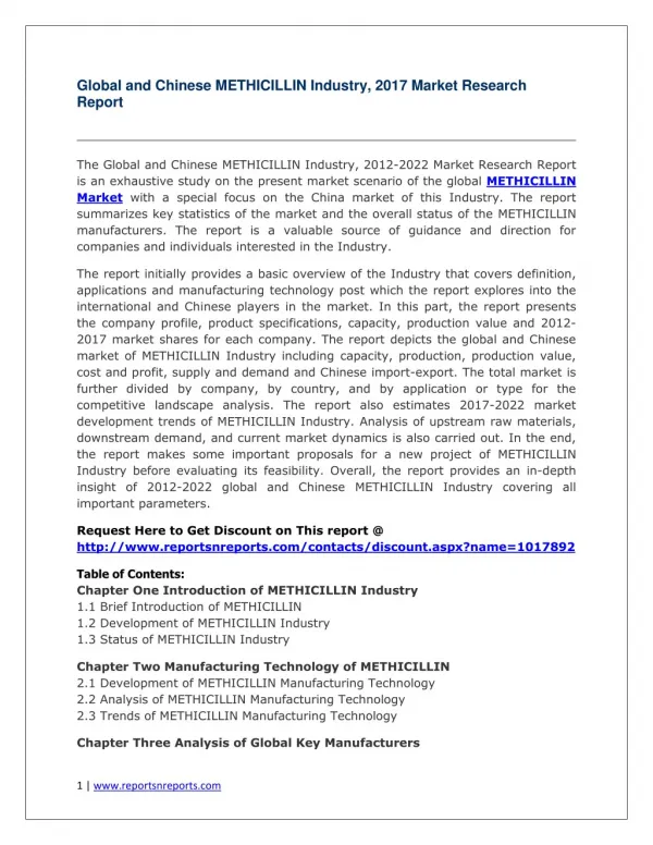 Global METHICILLIN Industry Analyzed in New Market Report