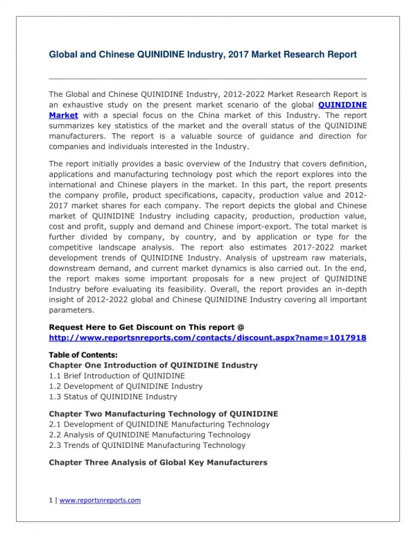 Global QUINIDINE Industry Forecast Study 2012-2022