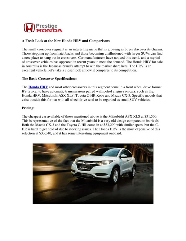 A Fresh Look at the New Honda HRV and Comparisons