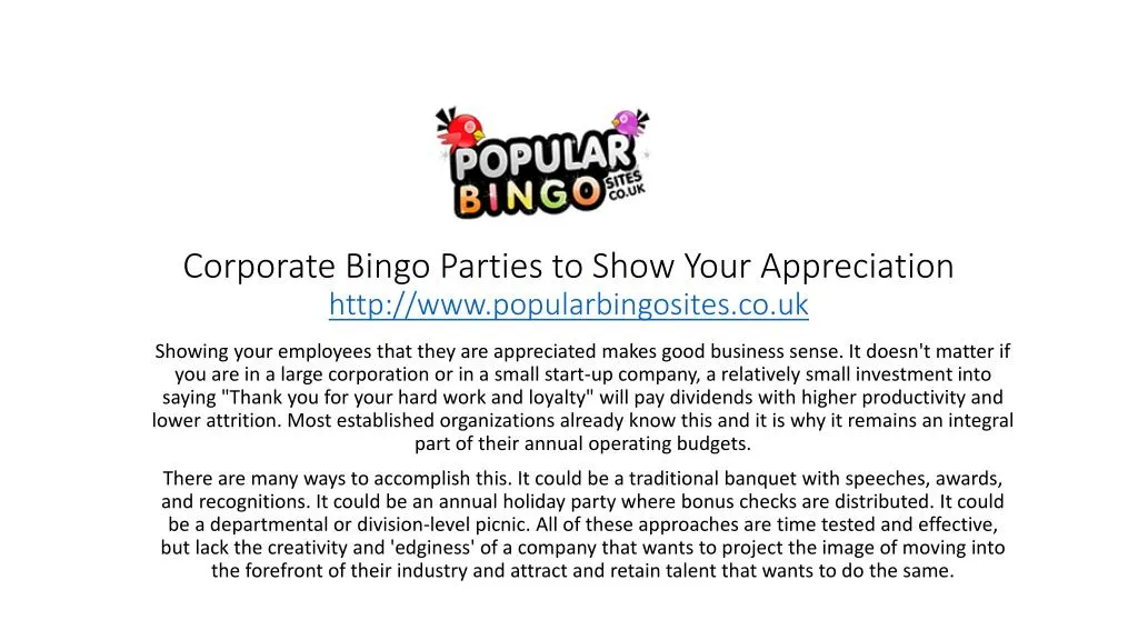 corporate bingo parties to show your appreciation http www popularbingosites co uk