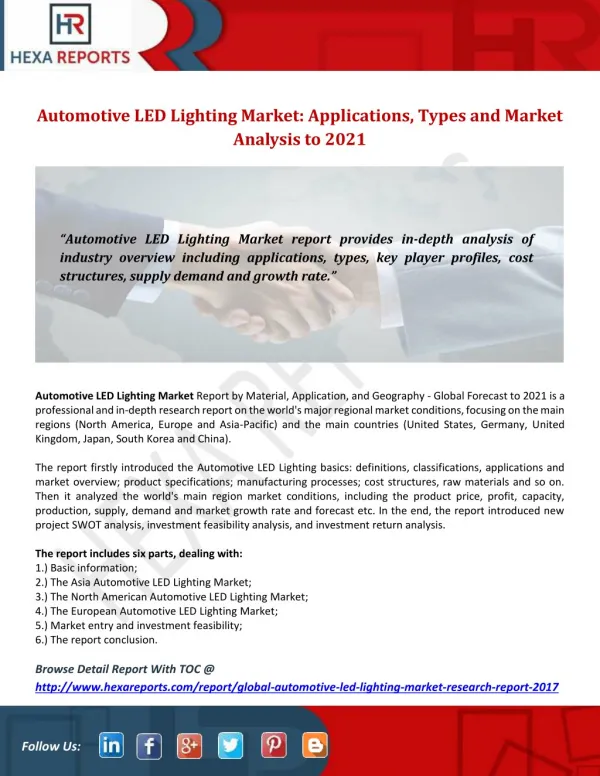 Automotive LED Lighting Market Applications, Types and Market Analysis to 2021