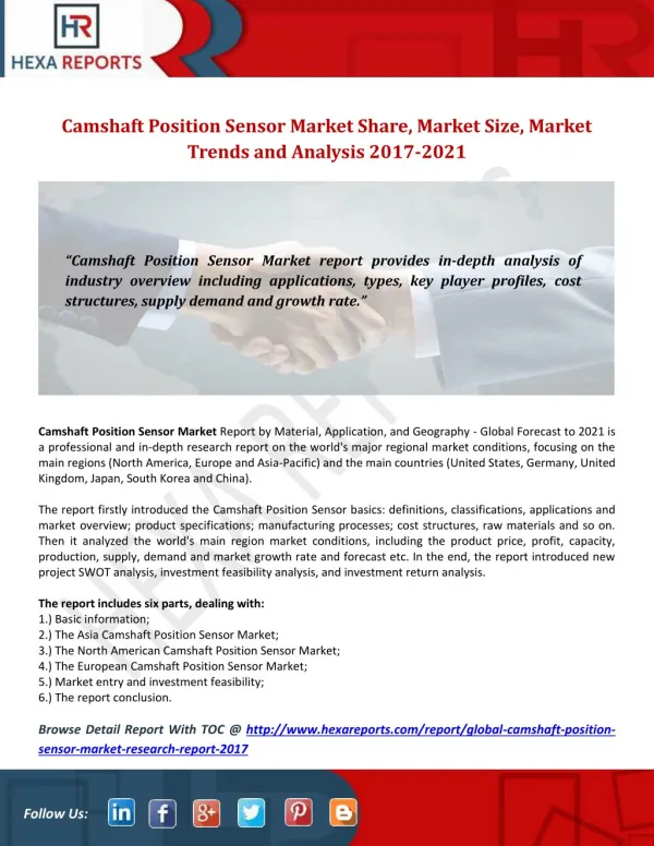 Camshaft Position Sensor Market Share, Market Size, Market Trends and Analysis 2017-2021