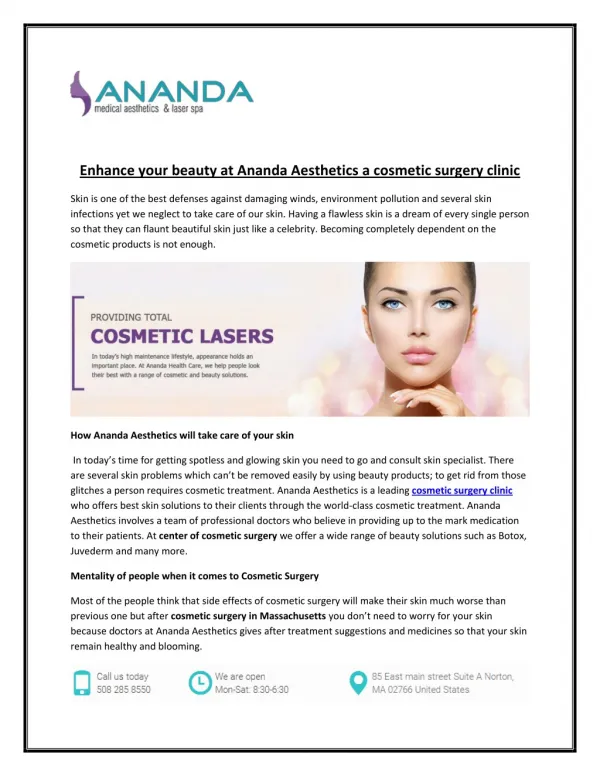 Enhance your beauty at Ananda Aesthetics a cosmetic surgery clinic