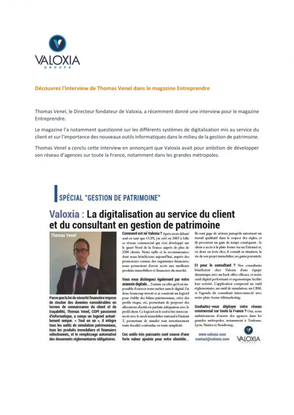 Interview de Thomas Venel pour le magazine Entreprendre