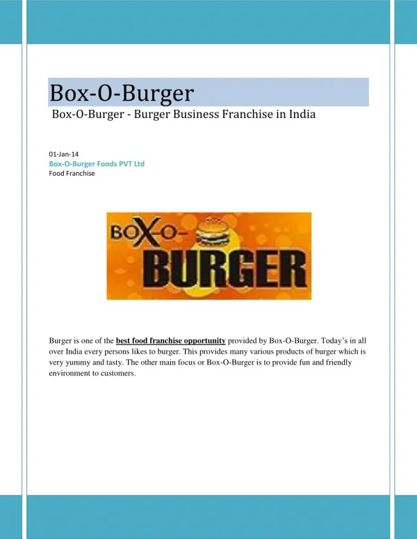 Box-O-Burger - Burger Business Franchise in India