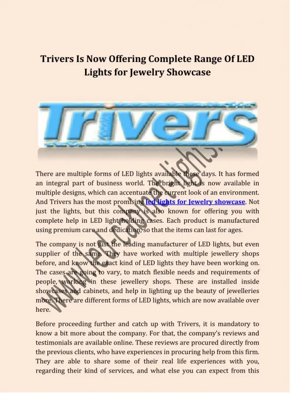 Trivers Is Now Offering Complete Range Of LED Lights for Jewelry Showcase